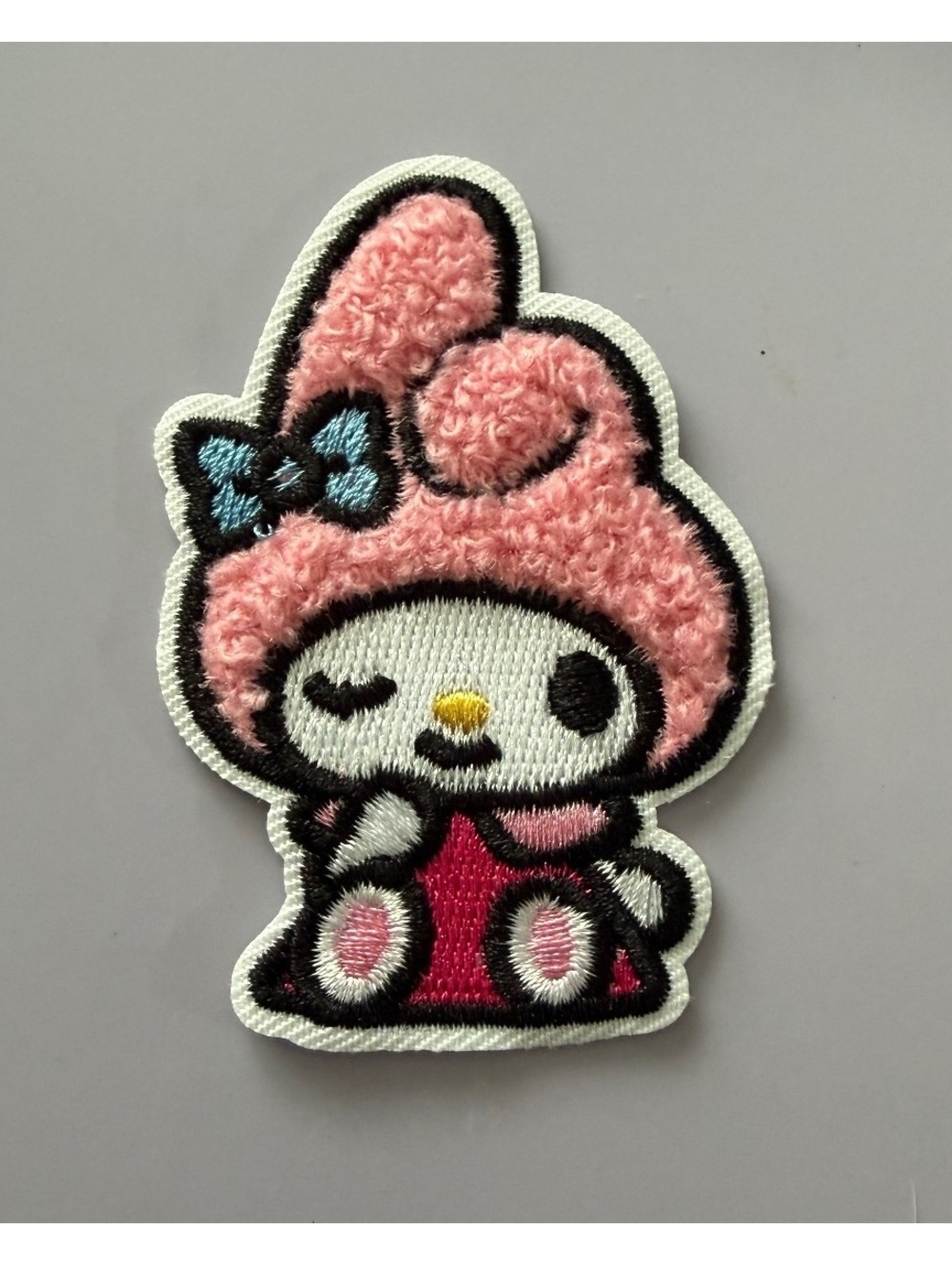 My Melody Embroidered Patch with Pink Fuzzy Hat and Blue Bow